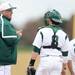 Eastern Michigan associate head coach Andrew Maki chats with catcher, senior 	Matt Hitt during a break in the action against Michigan at Eastern on Wednesday.  Melanie Maxwell I AnnArbor.com